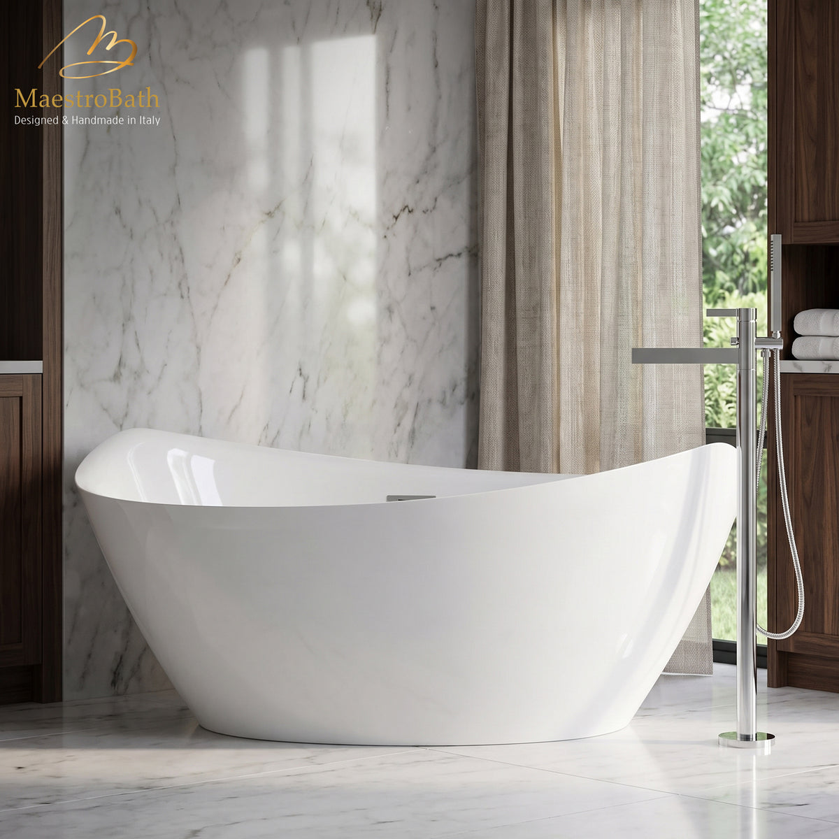 Freestanding resin bathtub, shown in white, 69.8 inch long by 35.8 inch wide and 28.5 inch high, made of fiberglass and resin