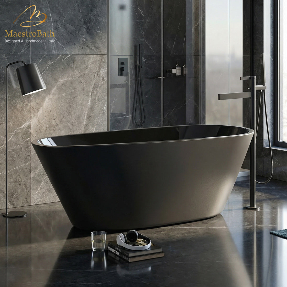 Freestanding resin bathtub, shown in black, 67.7 inch long by 29.5 inch wide and 23.6 inch high, made of fiberglass and resin