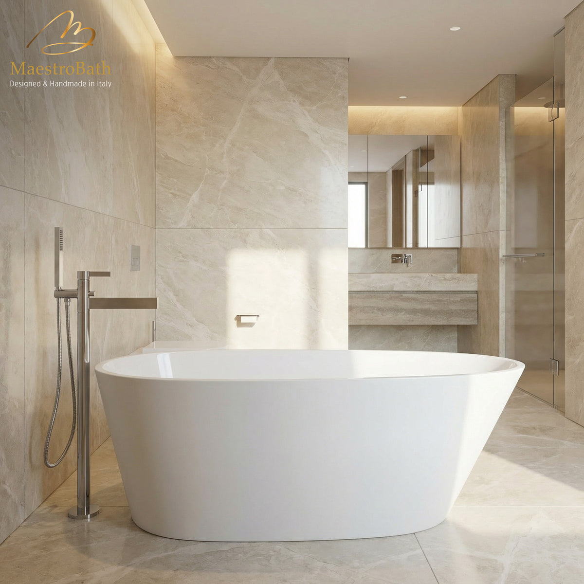 Freestanding resin bathtub, shown in white, 67.7 inch long by 29.5 inch wide and 23.6 inch high, made of fiberglass and resin
