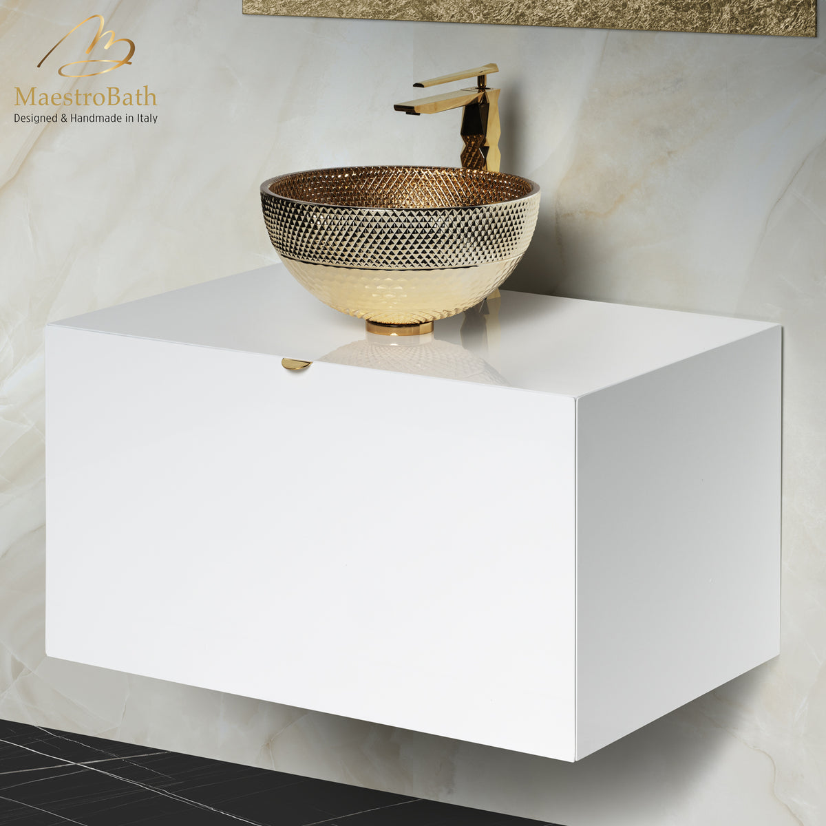 Murano glass bathroom vanity, shown in white, 30 inch wide, made of wood clad in Murano glass #color_white and gold