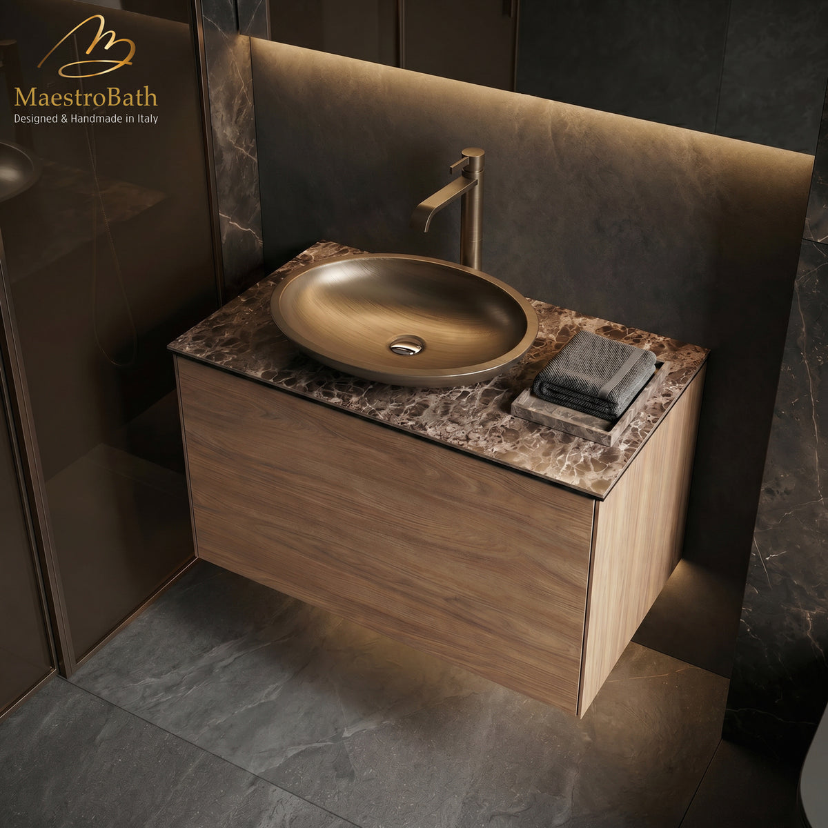 Modern Wall Mount Bathroom Vanity with Natural Wood Finish & Laminated Ceramic Top, 32 inch, by MaestroBath #Size_32"