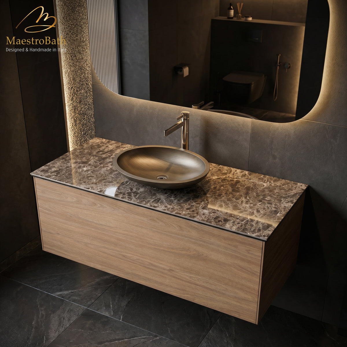 Modern Wall-Mount Bathroom Vanity with Natural Wood Finish and Laminated Ceramic Top #Size_48"