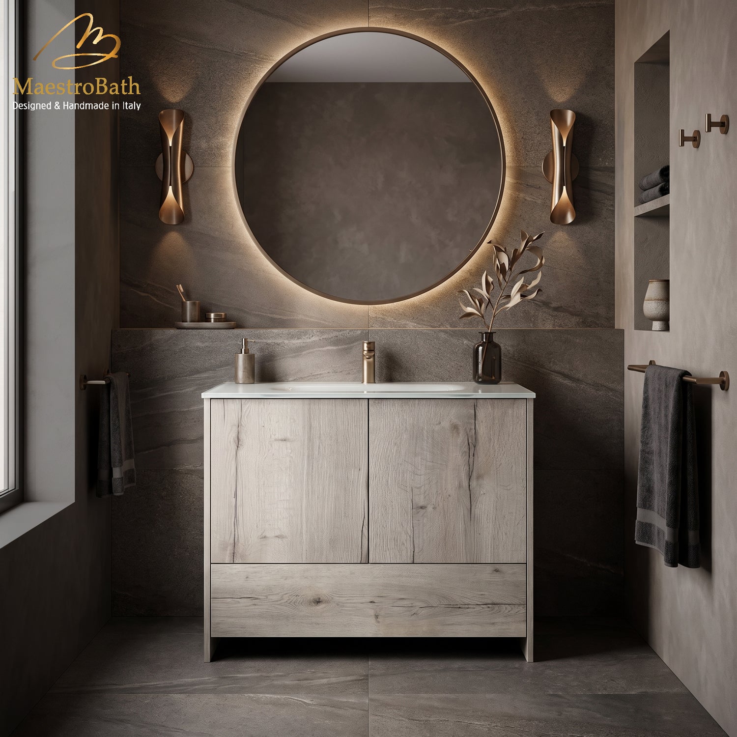 White Halifax Oak bathroom vanity with two handle free cabinet doors and a lower storage drawer