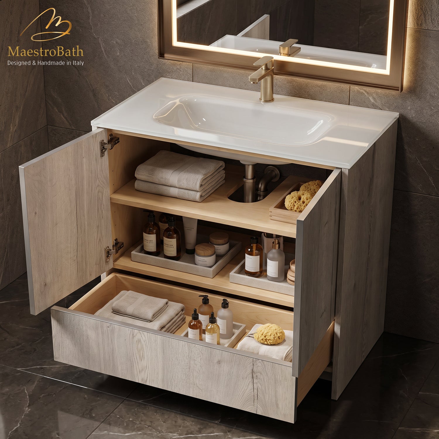 White oak bathroom vanity with two interior shelves for towels and toiletries