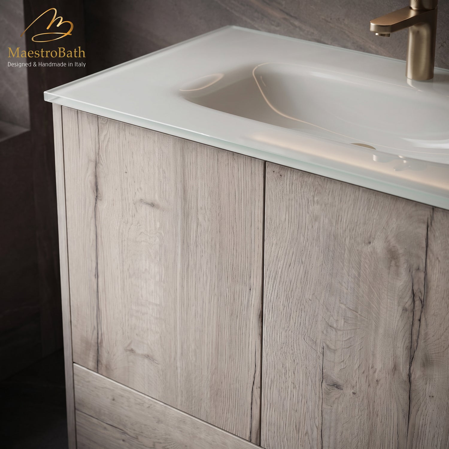 Freestanding bathroom vanity measuring 32 by 18.5 by 33 inches in White Halifax Oak, Italian craftsmanship