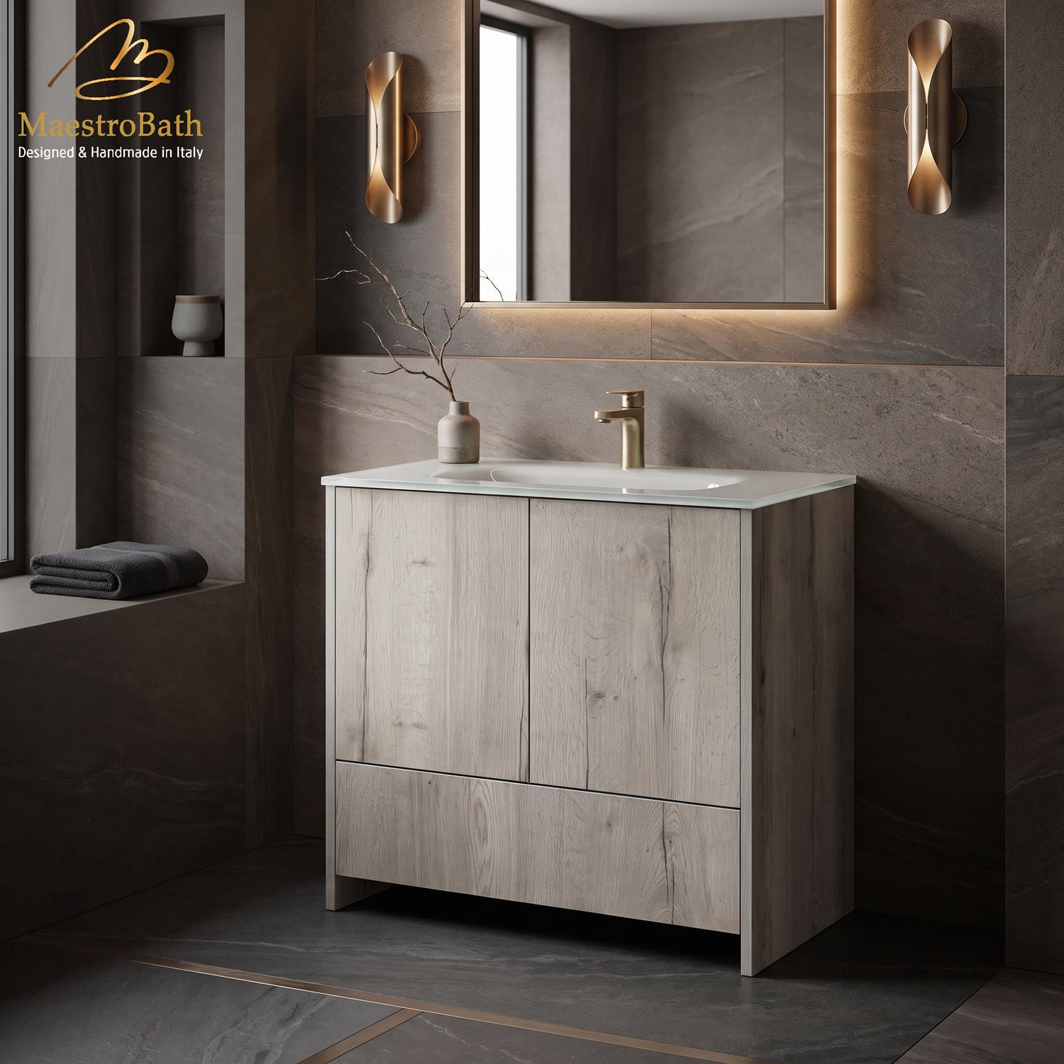 Modern 32 inch White Halifax Oak freestanding bathroom vanity with integrated glass sink, handmade in Italy by MaestroBath