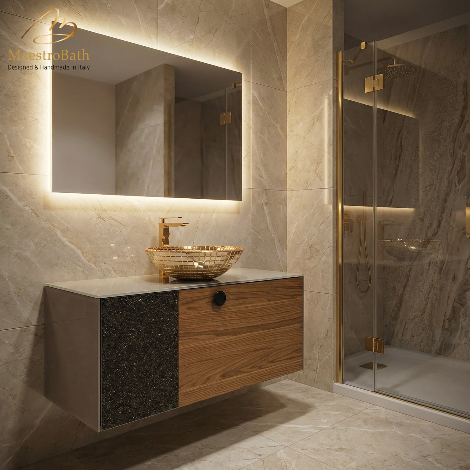 Fusione Walnut & Crystal Wall-Mounted Bathroom Vanity