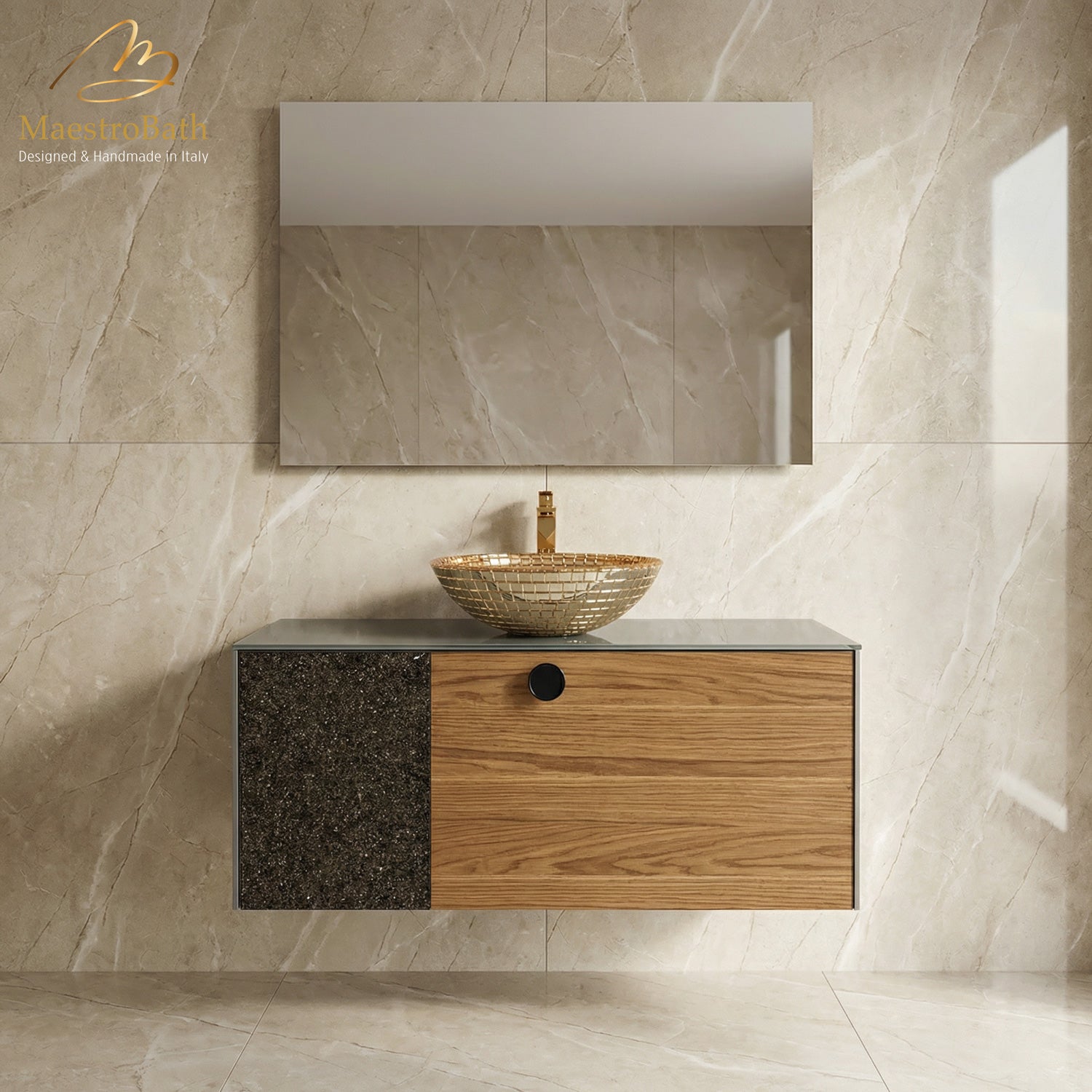 Fusione Walnut & Crystal Wall-Mounted Bathroom Vanity
