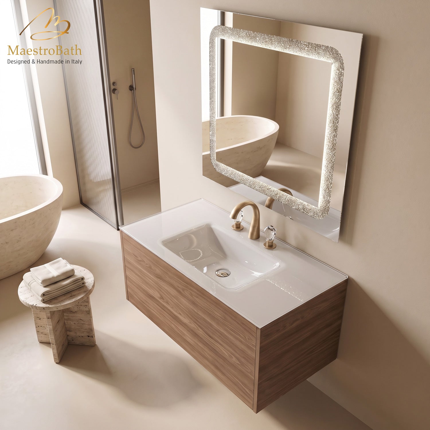 Natural walnut floating bathroom vanity with a seamless white glass top and integrated sink