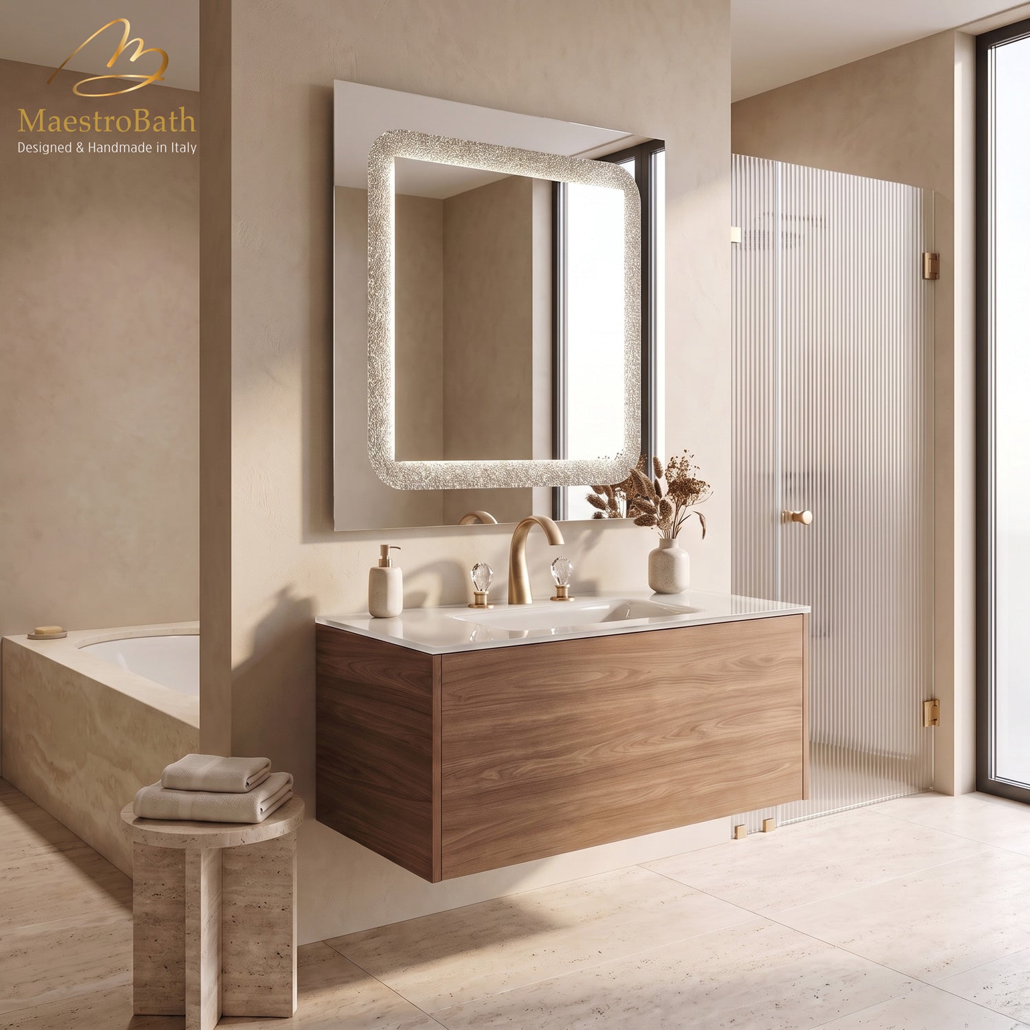 Fusione 40 inch walnut wall mounted bathroom vanity with white integrated glass sink, handmade in Italy by MaestroBath