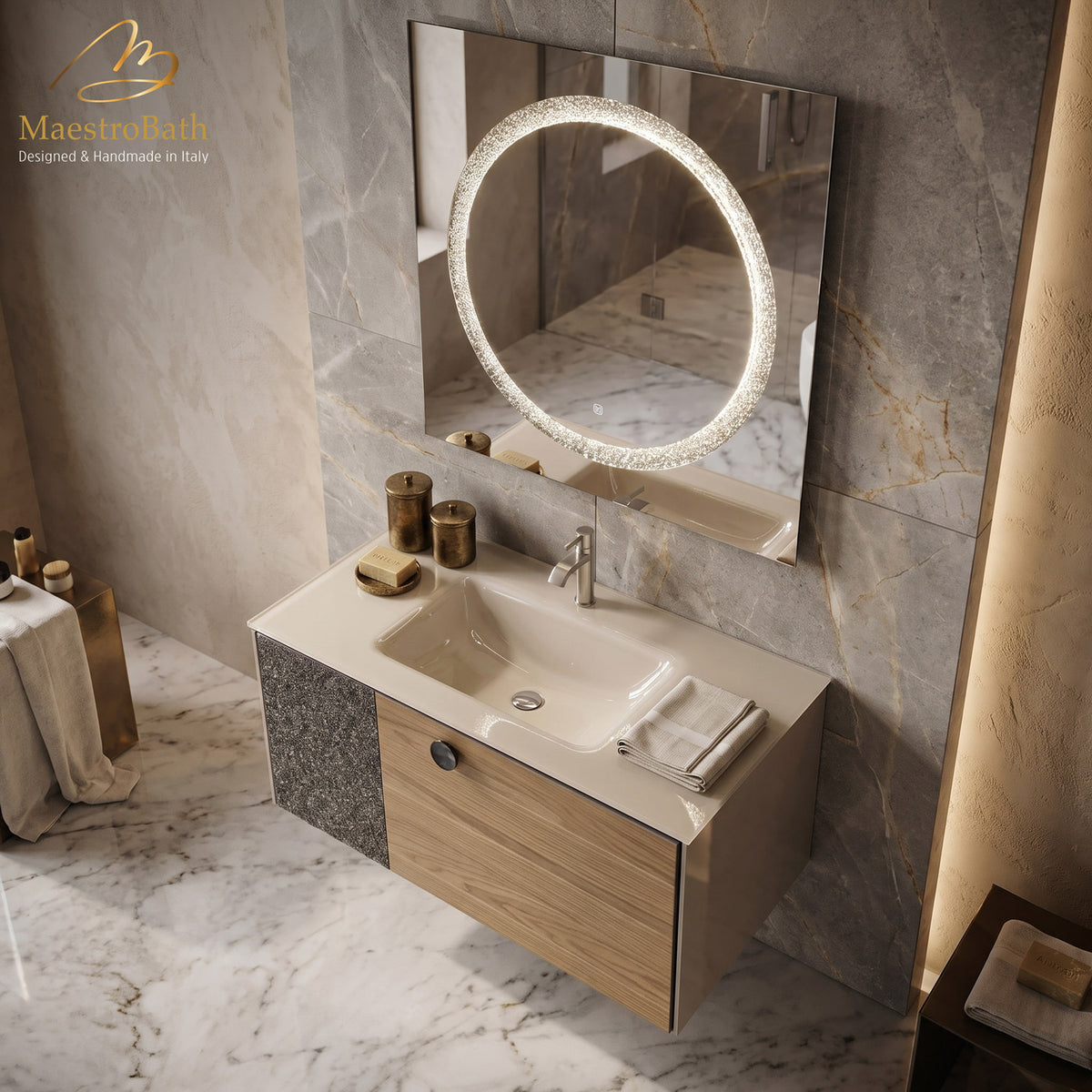 Fusione Walnut and Crystal Wall-Mounted Bathroom Vanity, made of wood set with Murano crystals #Glass Top_Integrated