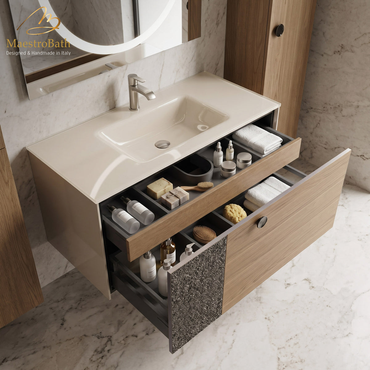 Fusione Walnut and Crystal Wall-Mounted Bathroom Vanity, made of wood set with Murano crystals #Glass Top_Integrated