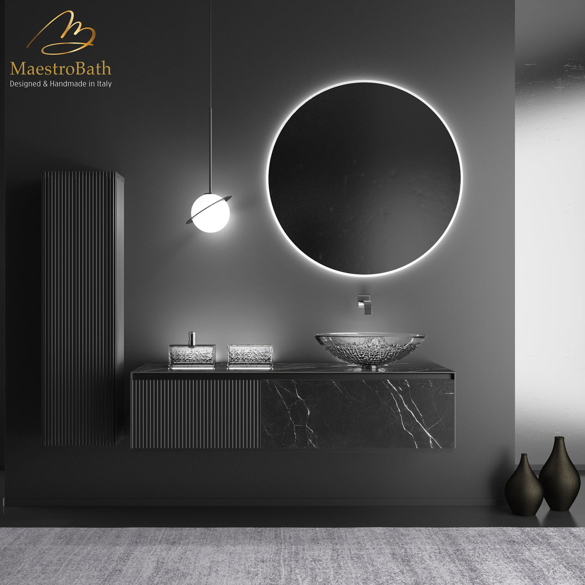 Porcelain stoneware and bamboo bathroom vanity, shown in black marquinia #color_Black Marquinia