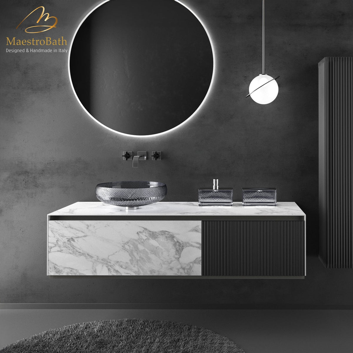 Porcelain stoneware and bamboo bathroom vanity, shown in white calacatta