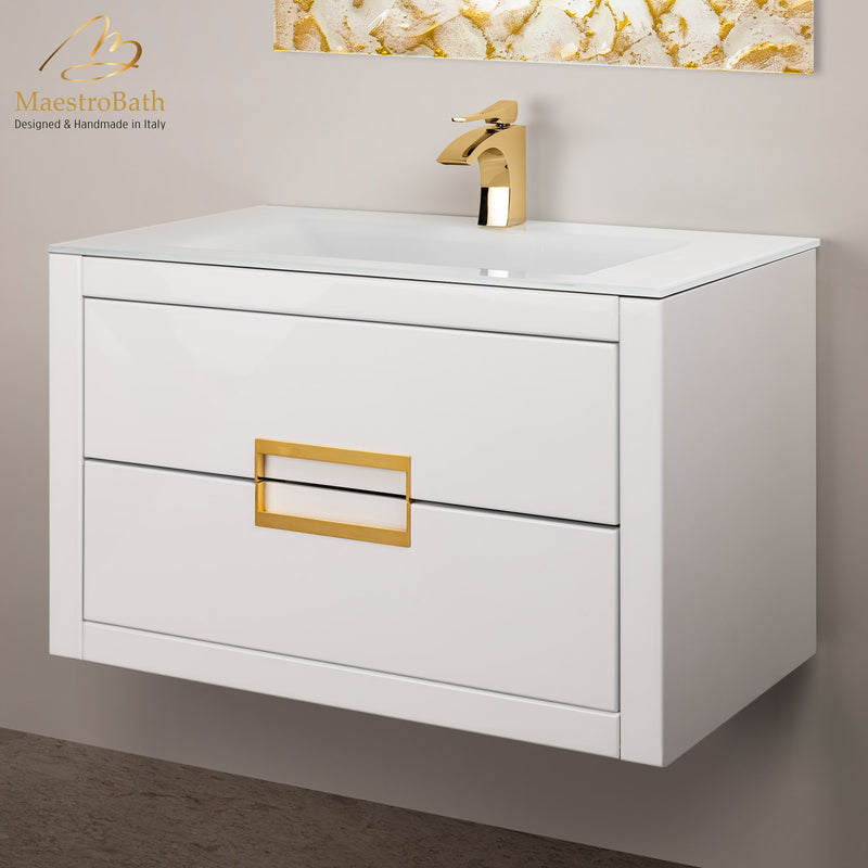 Danya White and Gold Leather Modern Bathroom Vanity 32 Inch