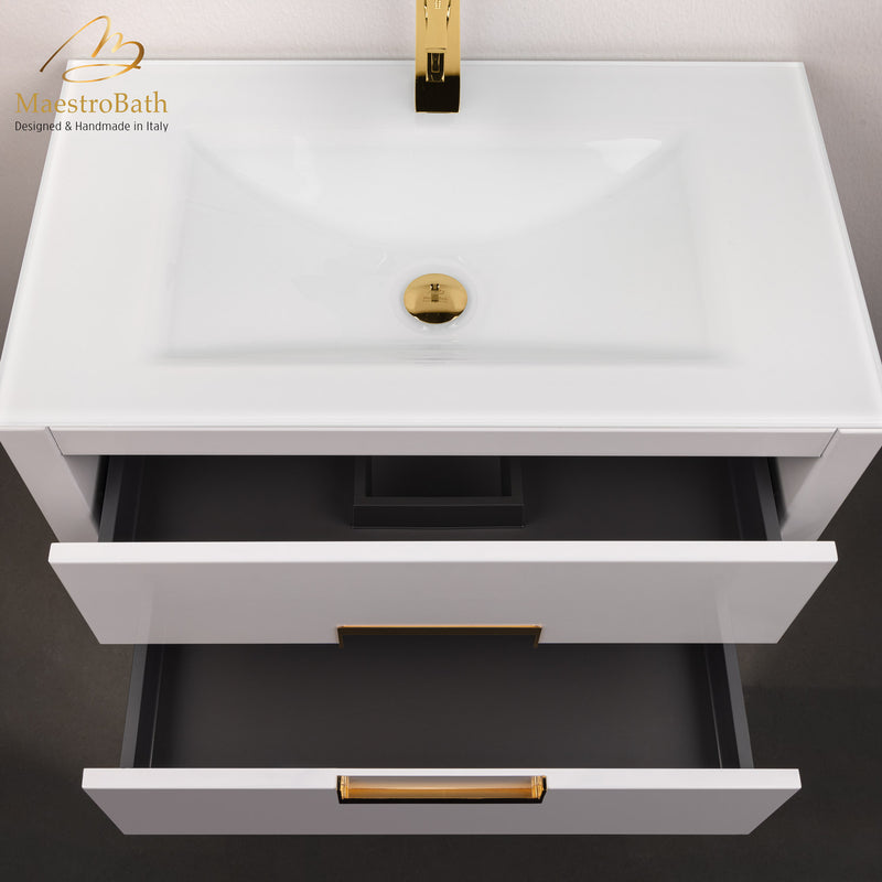 Danya White and Gold Leather Modern Bathroom Vanity 32 Inch