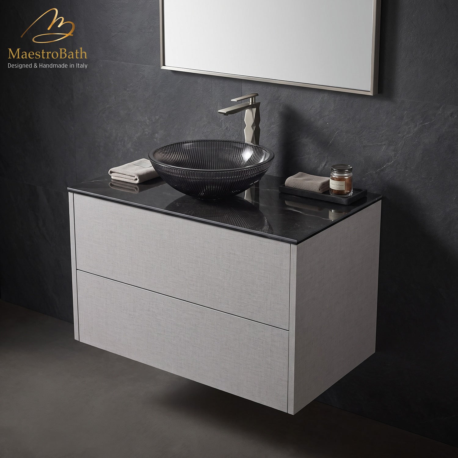 Grey linen floating bathroom vanity with two full width drawers and a slim laminated ceramic glass top