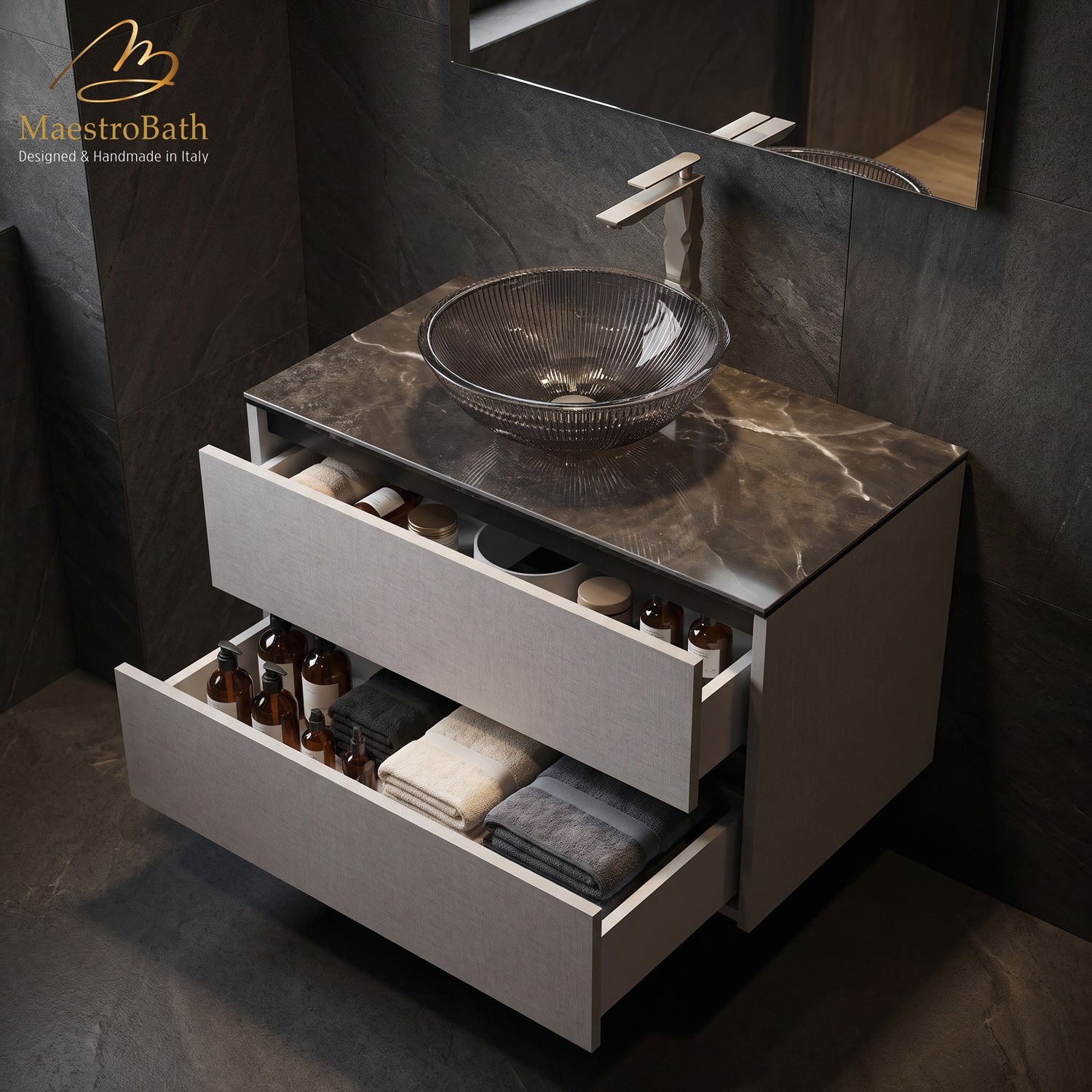 32 inch wall mounted bathroom vanity in textured grey linen with a clean handle free front