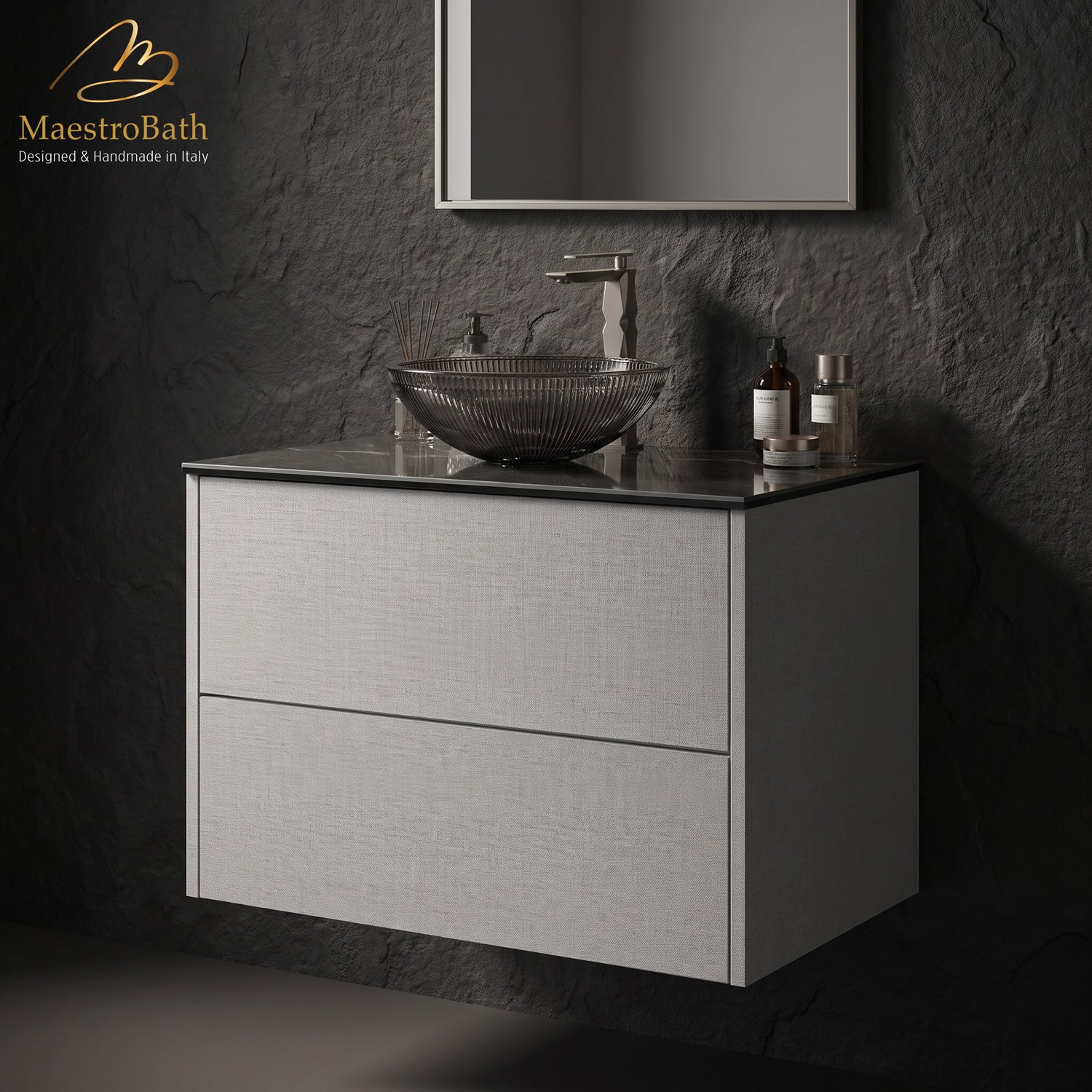 Modern 32 inch grey linen wall mounted bathroom vanity with laminated ceramic glass top, handmade in Italy by MaestroBath