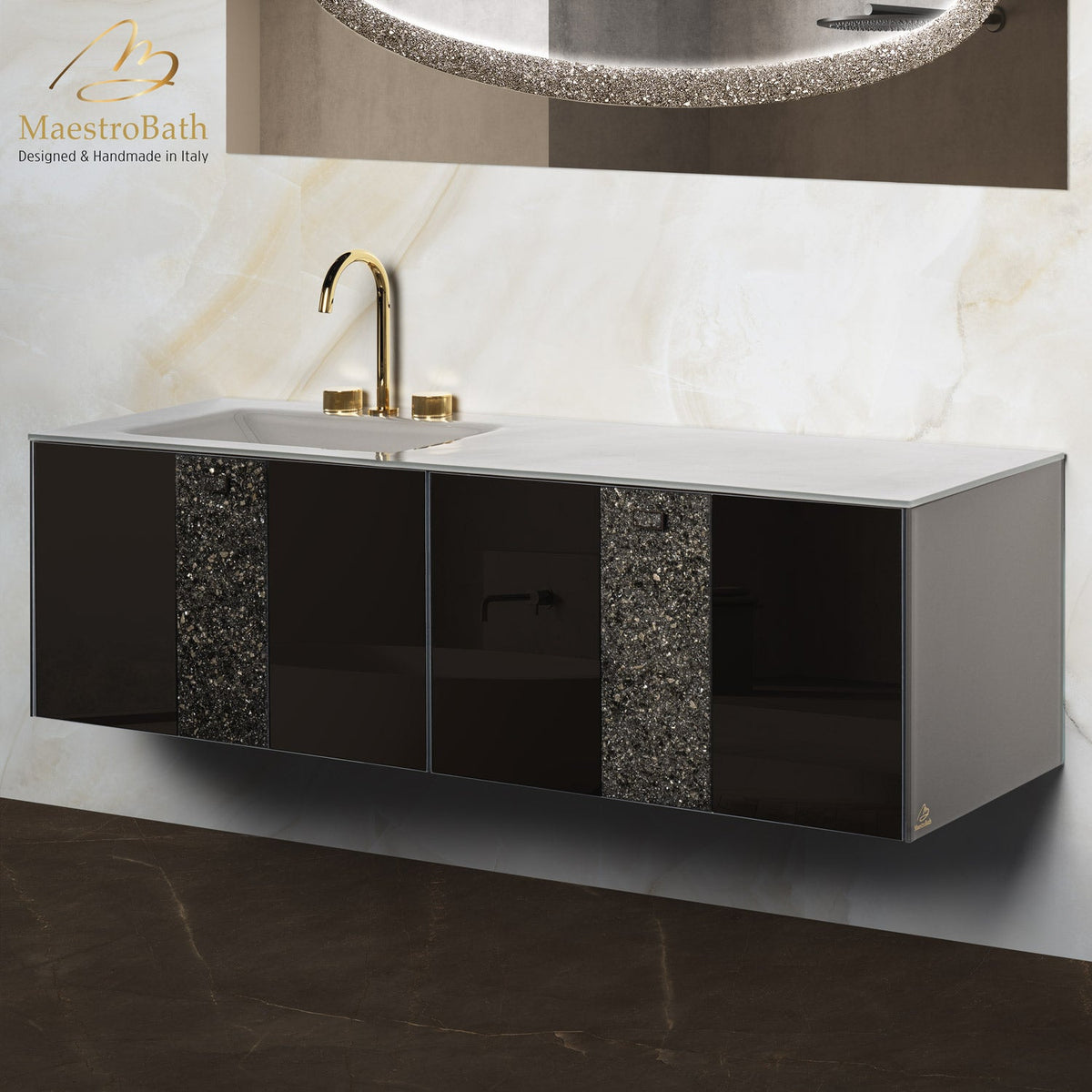Luxury Crystal Glass Wallmount Bathroom Double Vanity, made of wood clad in Murano glass