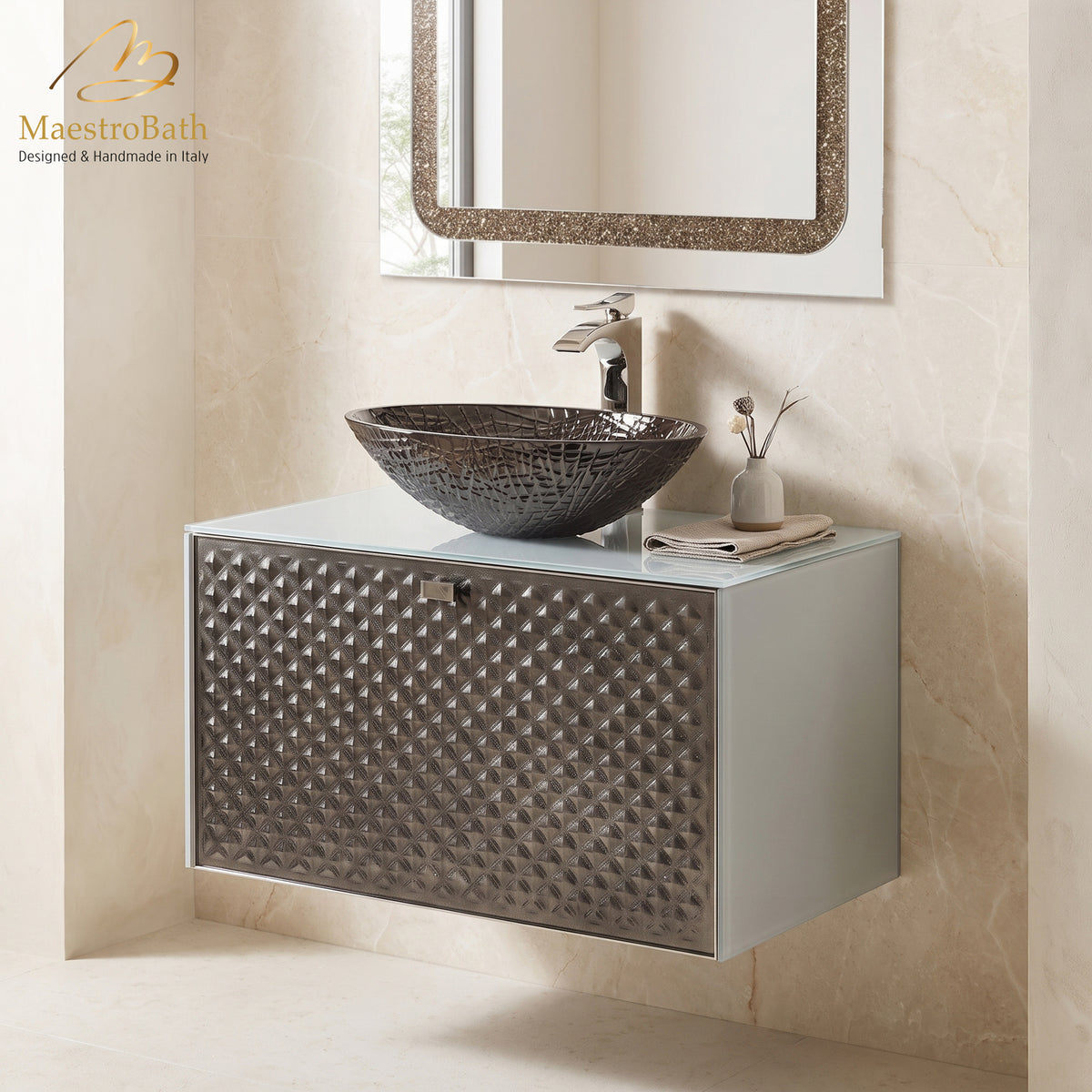 Lucent Luxury Crystal Silver Bronze Vanity, made of wood clad in Murano glass