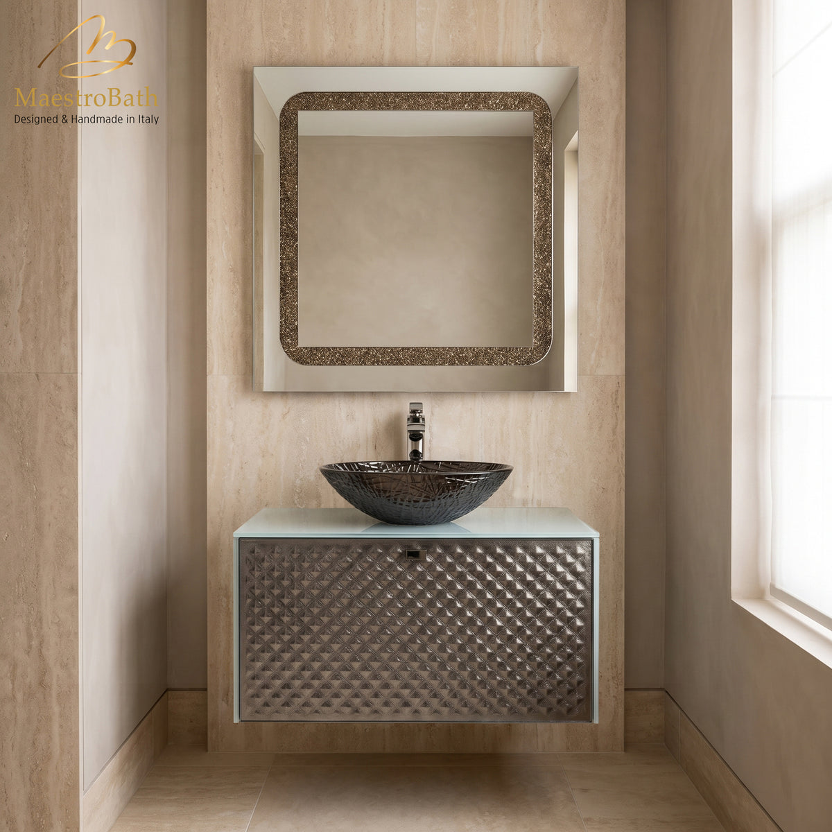 Lucent Luxury Crystal Silver Bronze Vanity, made of wood clad in Murano glass