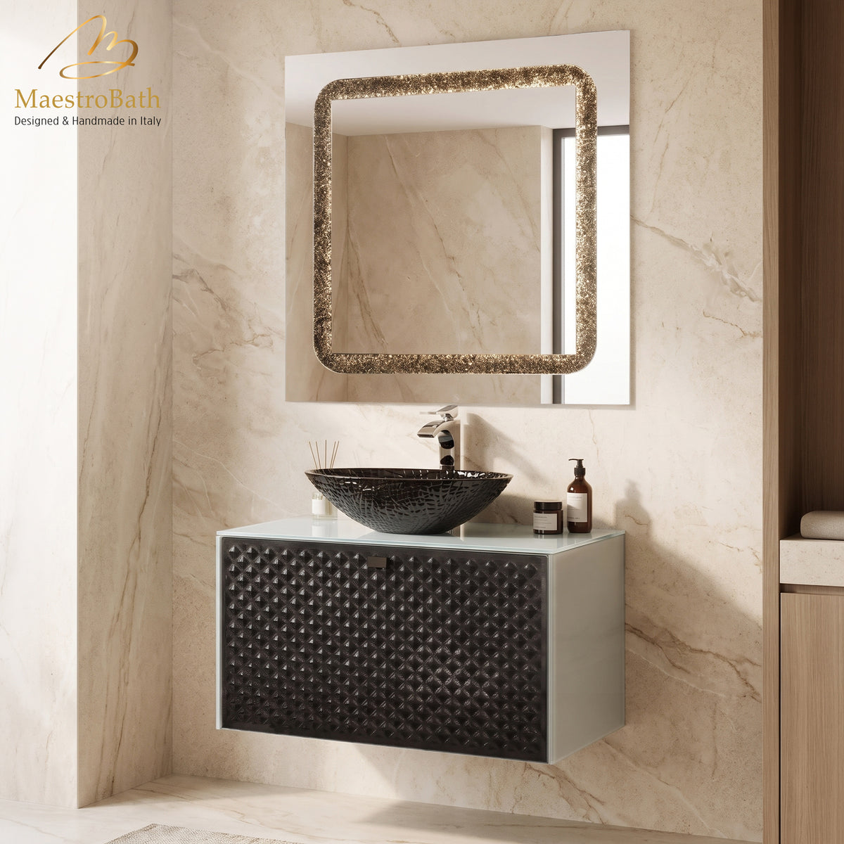Lucent Luxury Crystal Silver Bronze Vanity, made of wood clad in Murano glass