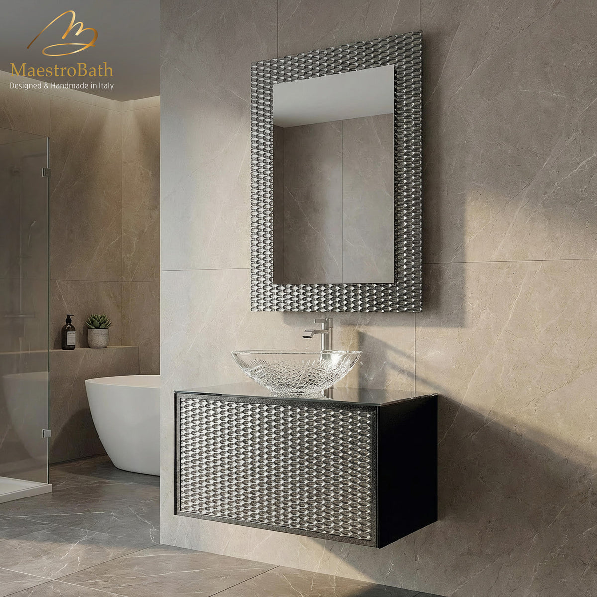Lucent Luxury Crystal Grey-Smoke Silver Single Vanity, shown in gray and silver, made of wood clad in Murano glass