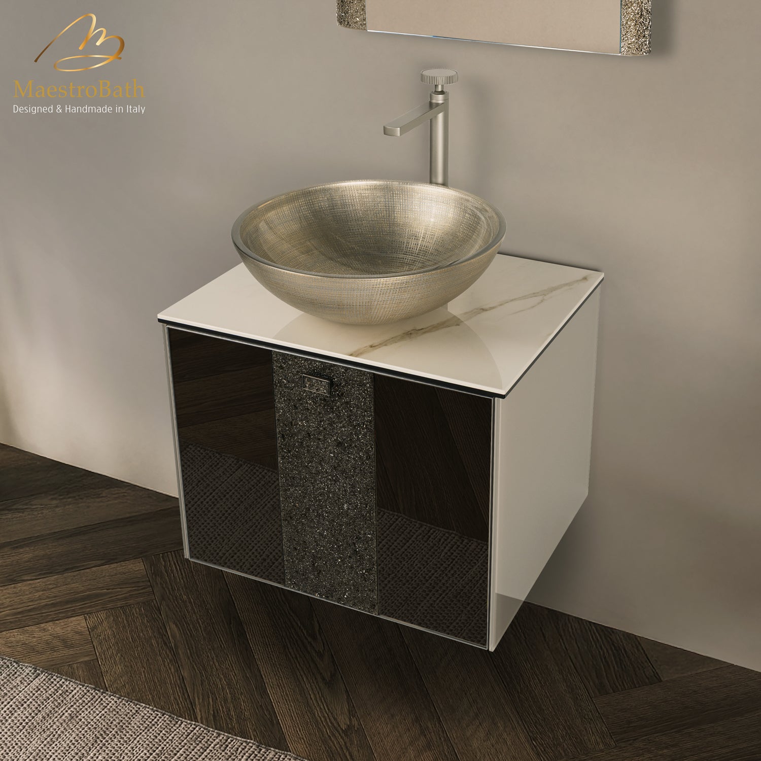Luxury 24" Crystal Glass Wallmount Bathroom Vanity | Bronze #Glass Top_Bianco Lasa Laminate Ceramic