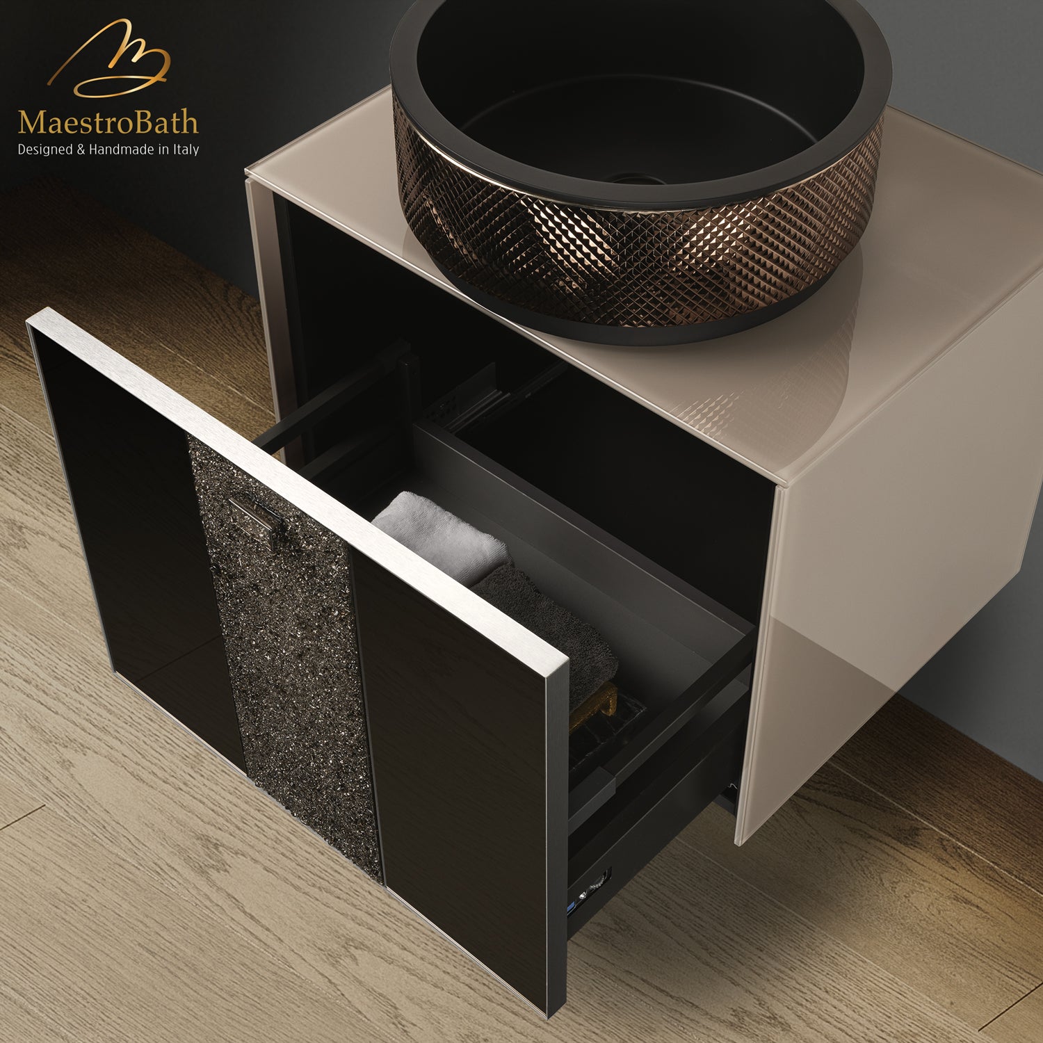 Luxury 24" Crystal Glass Wallmount Bathroom Vanity | Bronze #Glass Top_Solid Beige