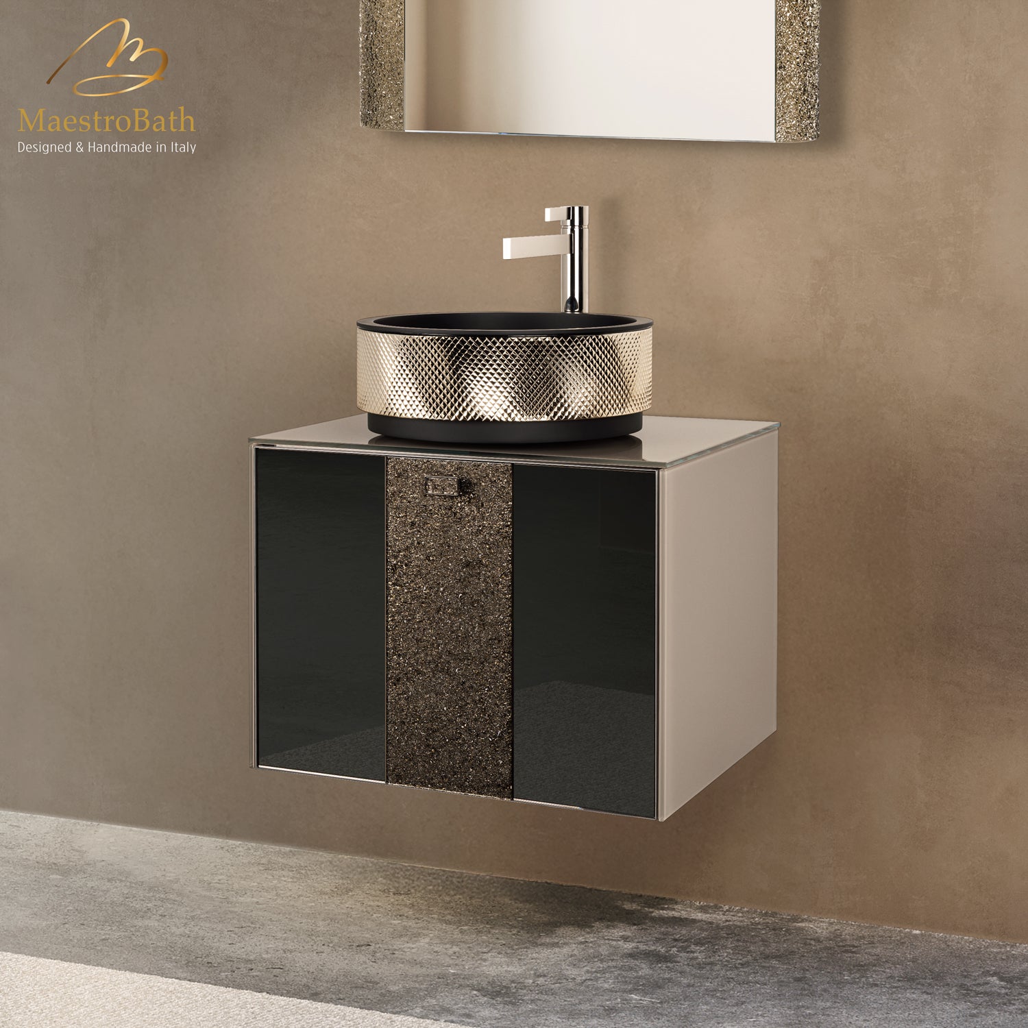 Luxury 24" Crystal Glass Wallmount Bathroom Vanity | Bronze #Glass Top_Solid Beige