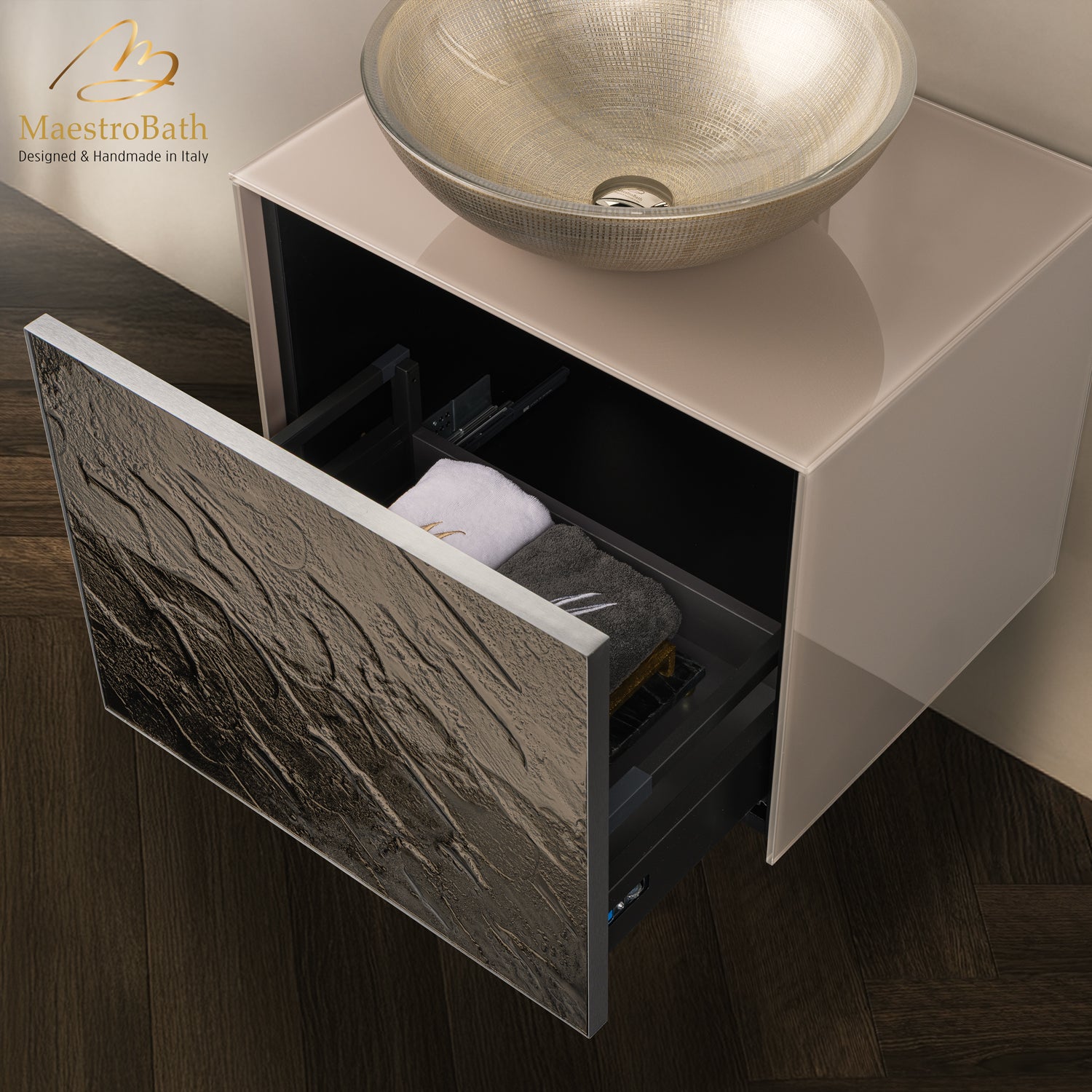 Luxury 24" Murano Crystal Wallmount Bathroom Vanity | Bronze #glass top_Solid Beige