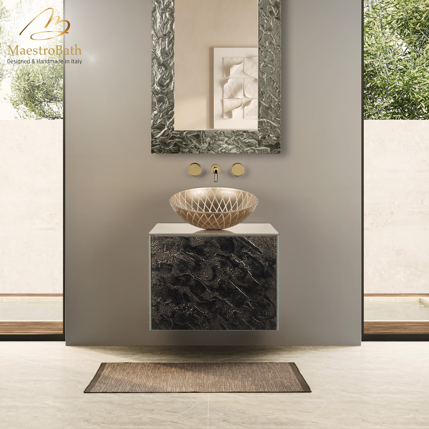 Luxury 24" Murano Crystal Wallmount Bathroom Vanity | Bronze #glass top_Solid Beige