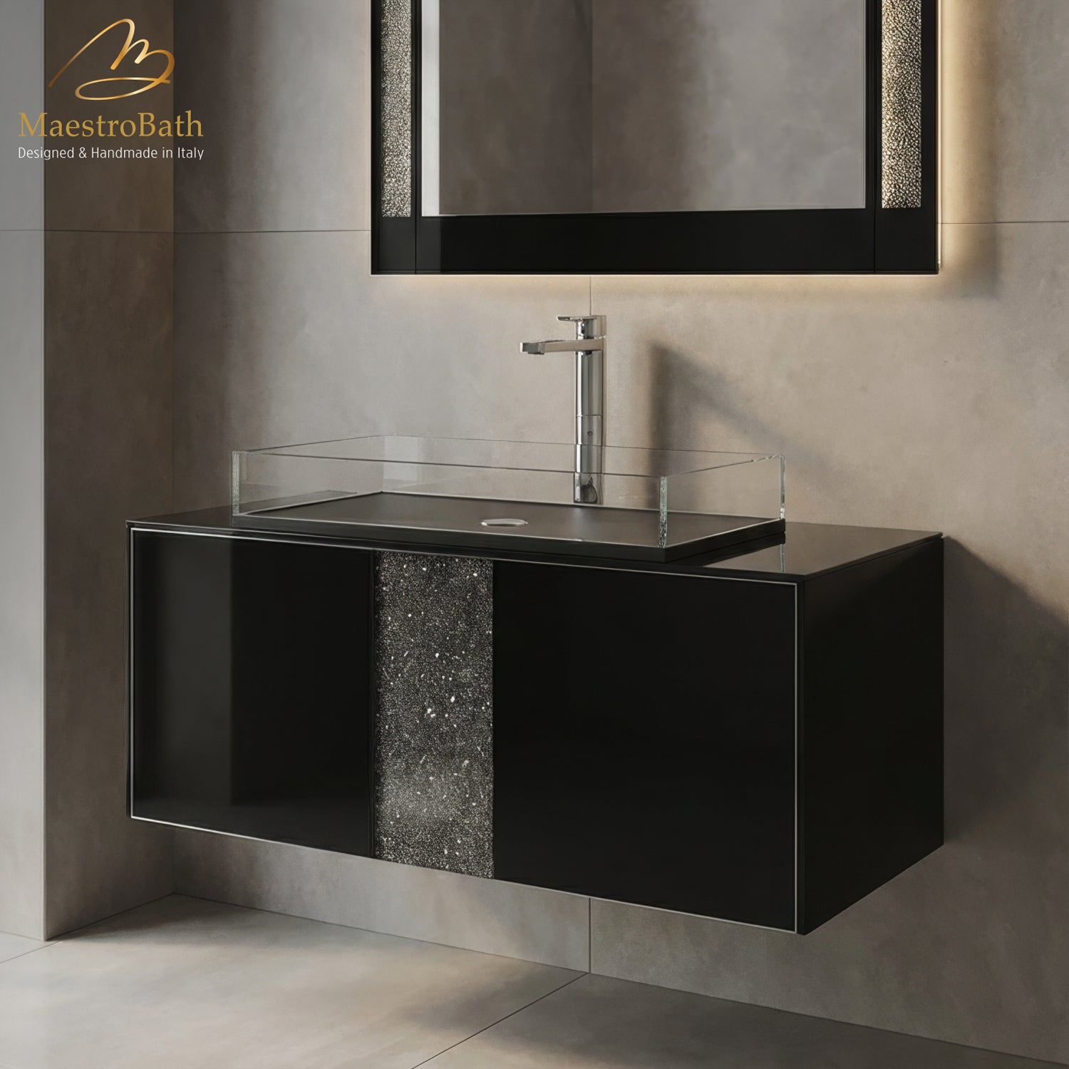 Luxury 48" Crystal Glass Wallmount Bathroom Vanity | Black #Size_48"