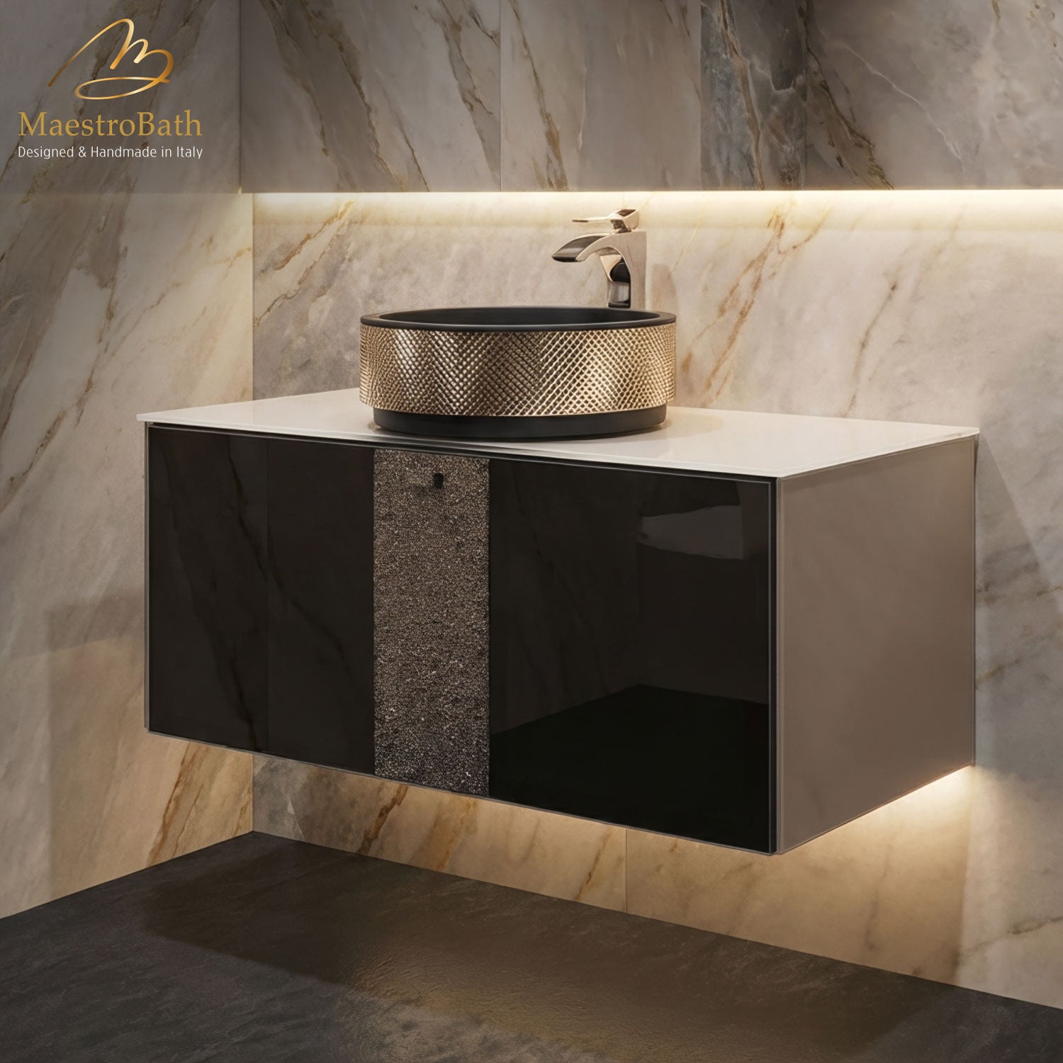 Cactus Bathroom Vessel Sink | Black and Gold #Size_40"