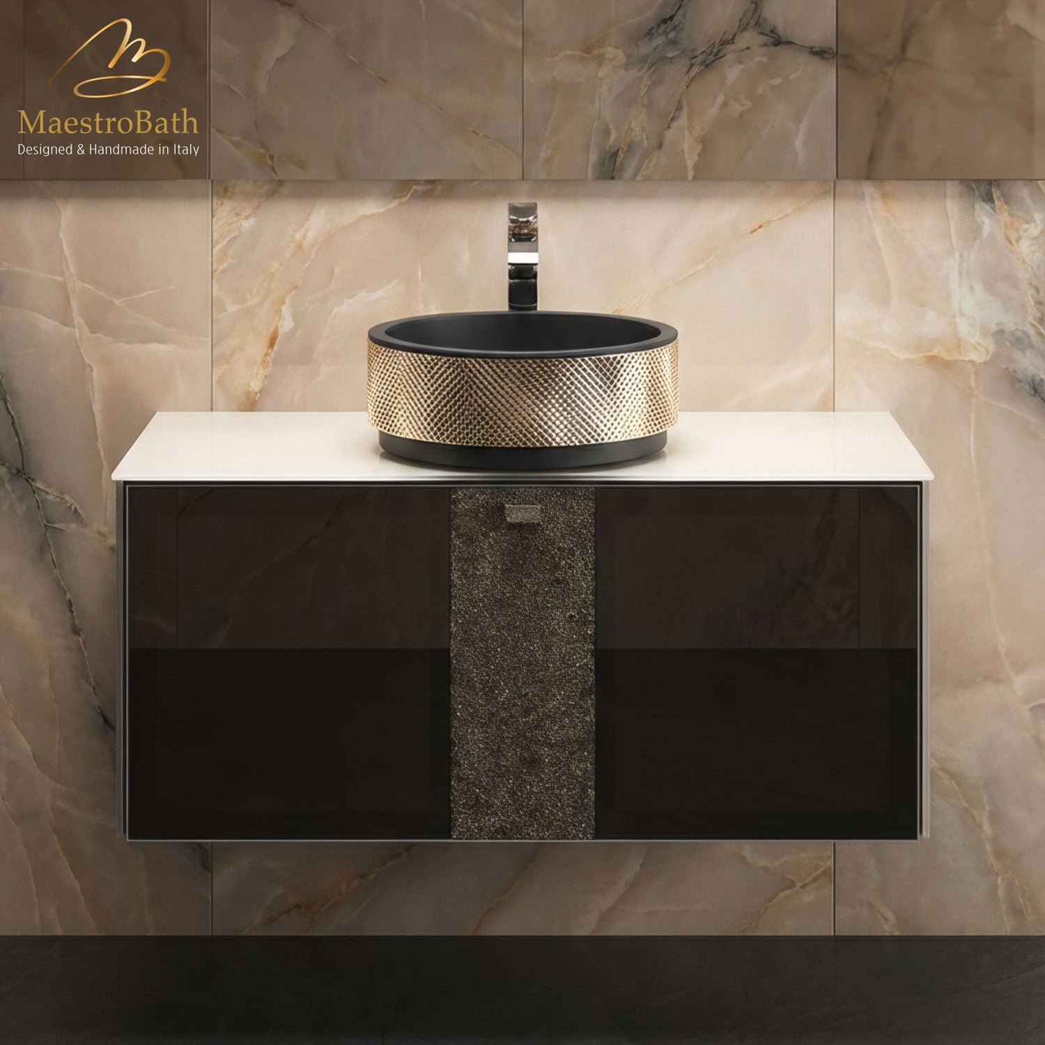 Cactus Bathroom Vessel Sink | Black and Gold #Size_40"