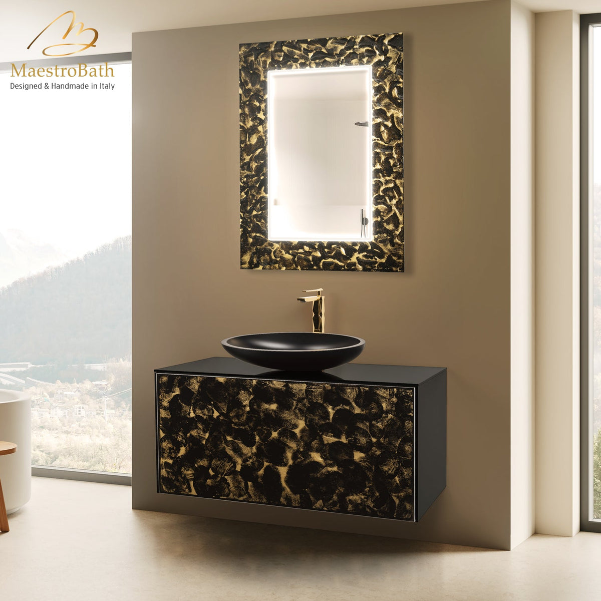 Murano glass bathroom vanity, shown in black and gold, 40 inch wide, made of wood clad in Murano glass #Size_40"