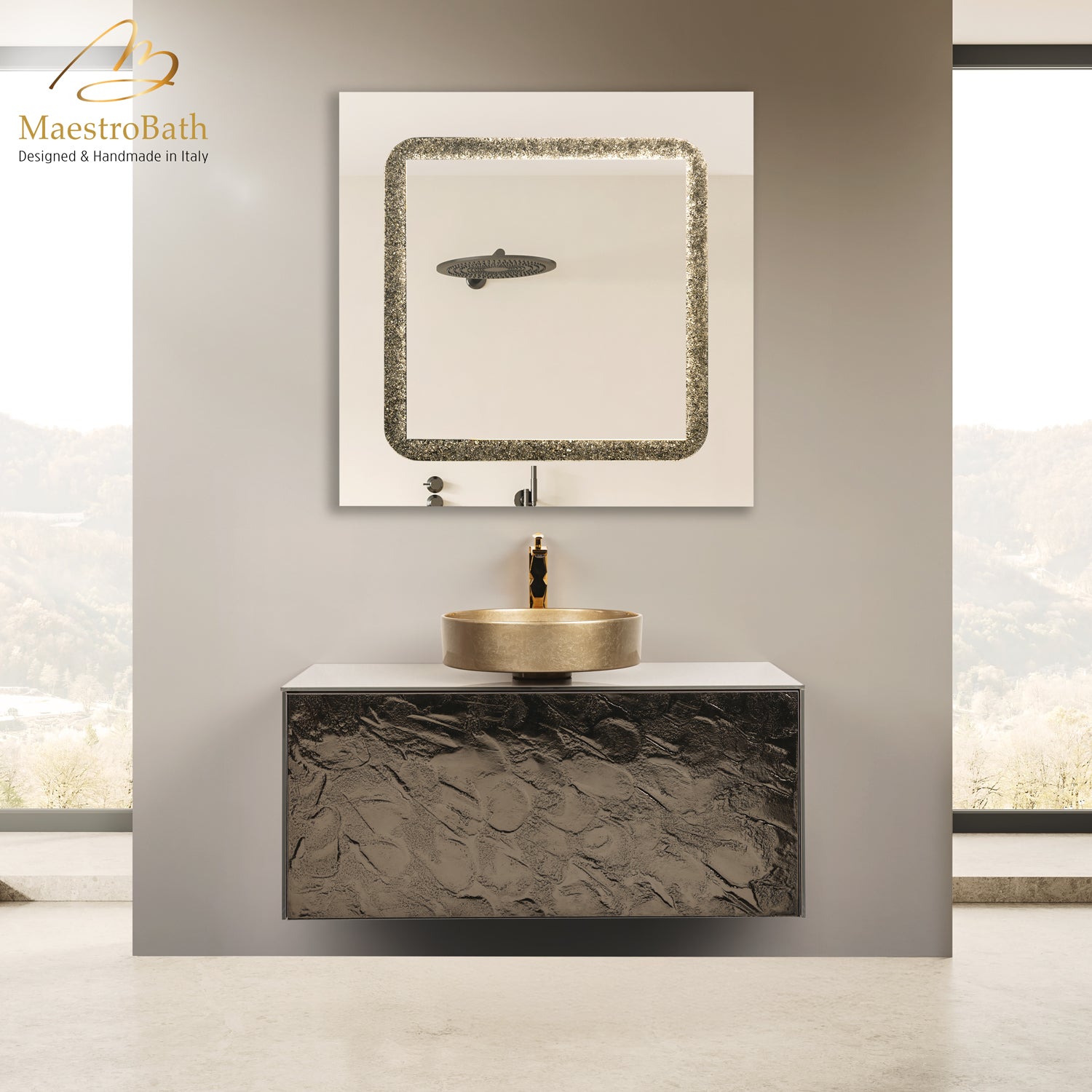 Luxury 40" Murano Crystal Wallmount Bathroom Vanity | Bronze #glass top_Solid Beige