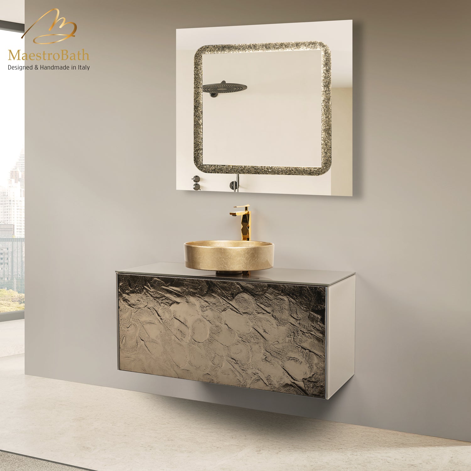 Luxury 40" Murano Crystal Wallmount Bathroom Vanity | Bronze #glass top_Solid Beige