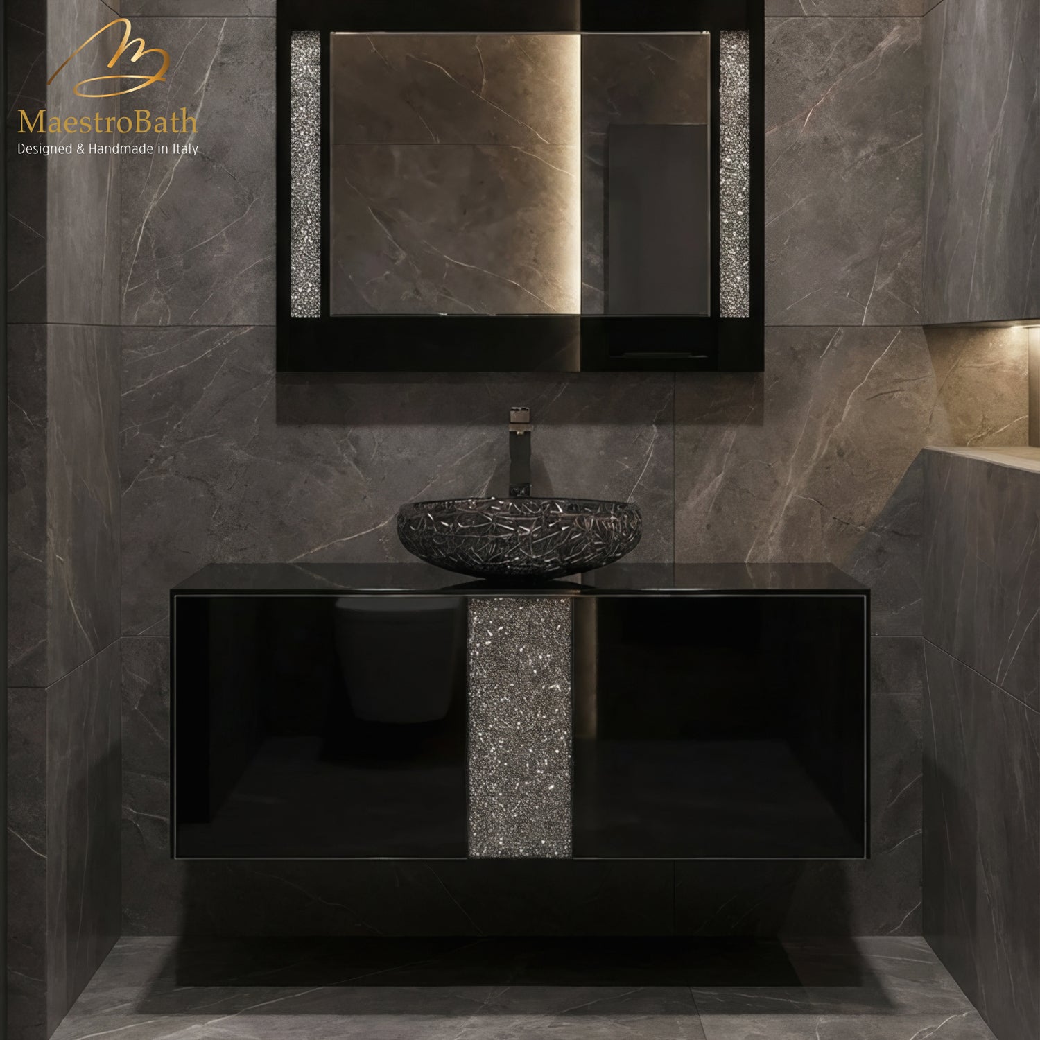Luxury 48" Crystal Glass Wallmount Bathroom Vanity | Black #Size_48"