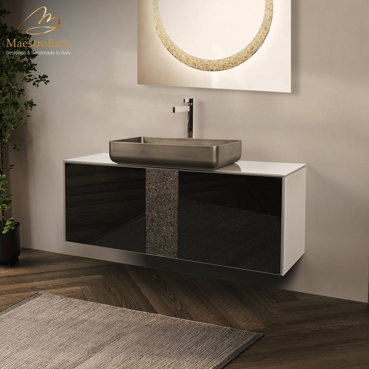 Murano glass bathroom vanity, shown in bronze, 48 inch wide, made of wood clad in Murano glass #Size_48"