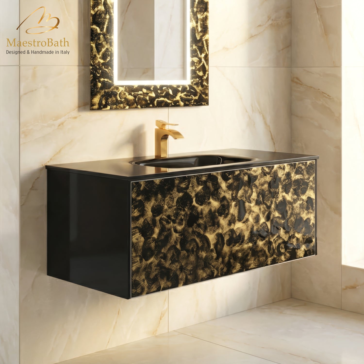 Luxury 48" Murano Crystal Wallmount Bathroom Vanity | Black and Gold #Size_48"