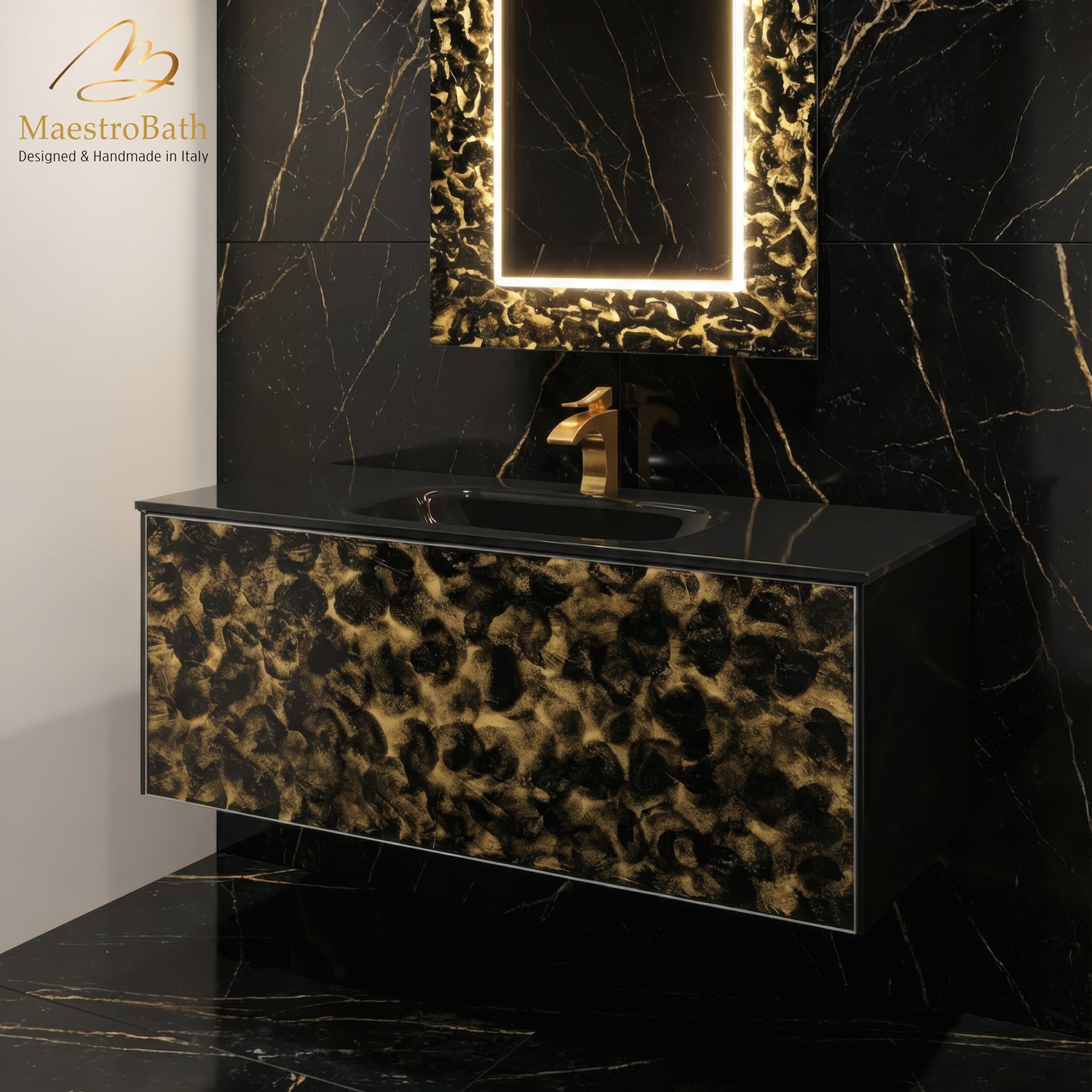Luxury 48" Murano Crystal Wallmount Bathroom Vanity | Black and Gold #Size_48"