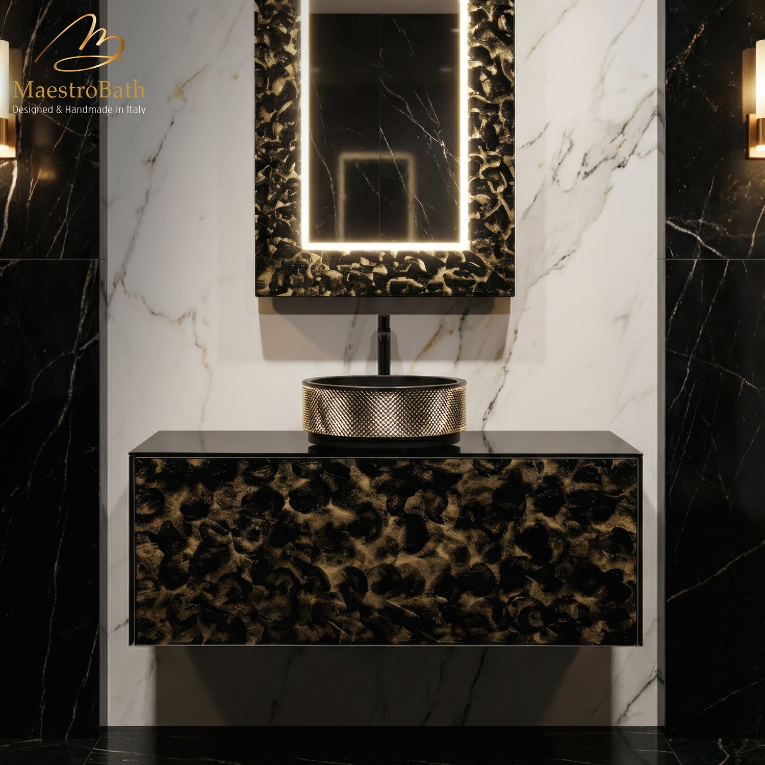 Luxury 48" Murano Crystal Wallmount Bathroom Vanity | Black and Gold #Size_48"