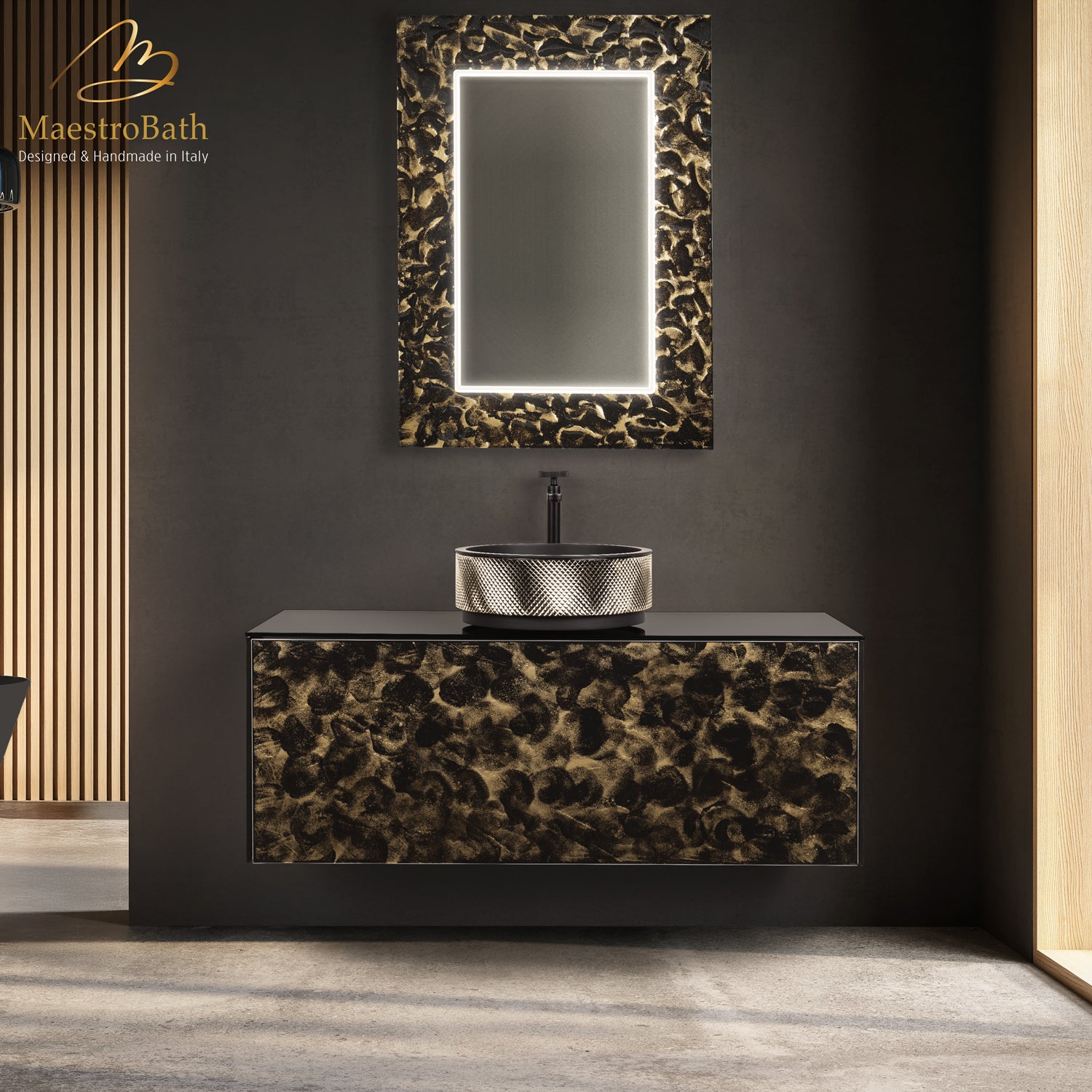Luxury 48" Murano Crystal Wallmount Bathroom Vanity | Black and Gold #Glass Top_Solid Black