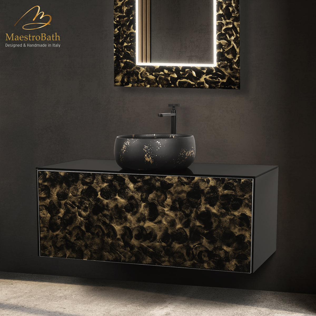 Murano glass bathroom vanity, shown in black and gold, 48 inch wide, made of wood clad in Murano glass #Size_48"