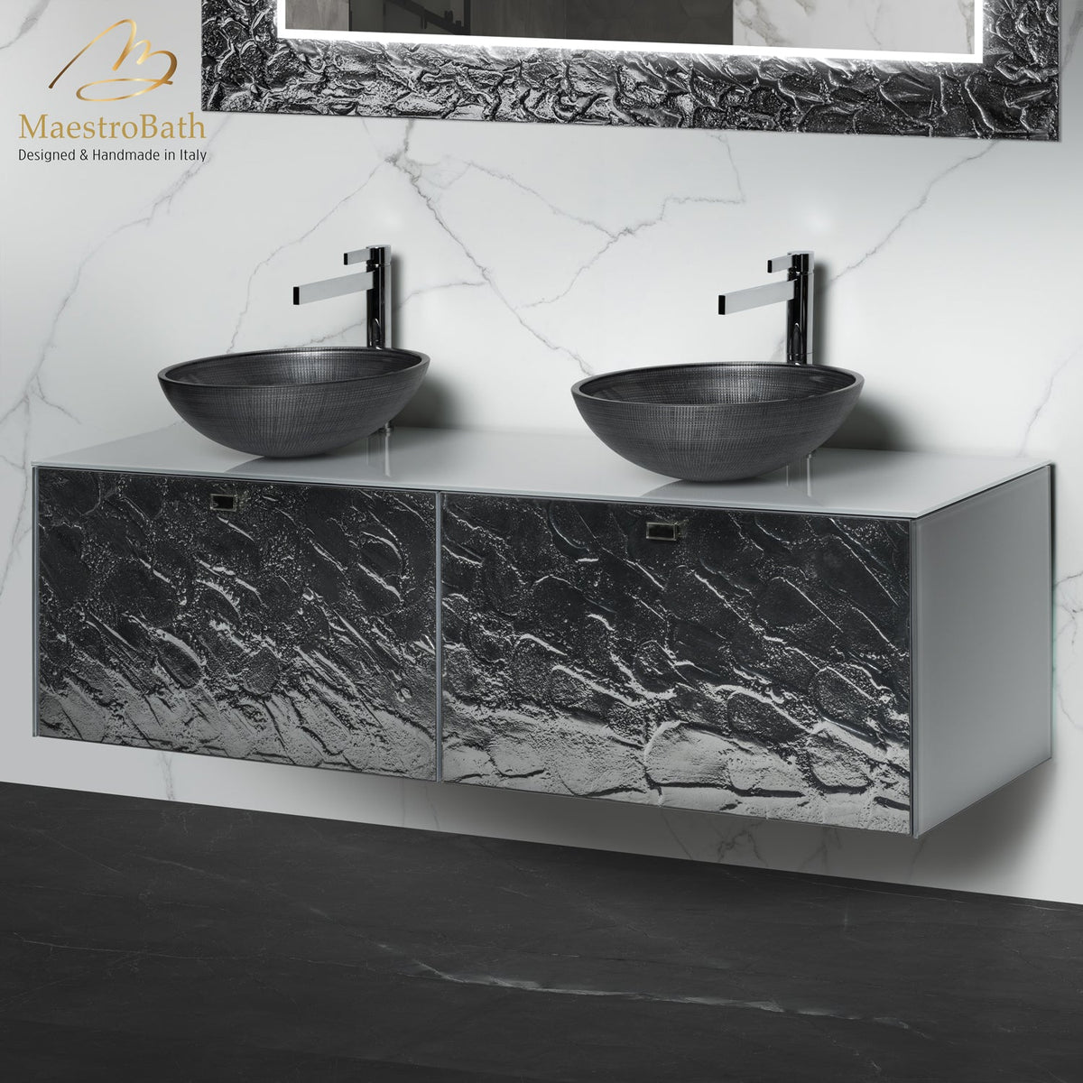 Luxury Murano Glass Wallmount Bathroom Double Vanity, shown in mirrored glass, made of wood clad in Murano glass