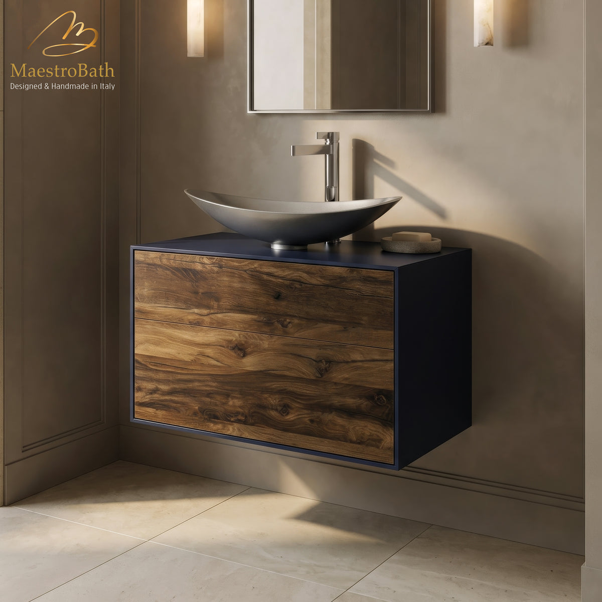 Wood bathroom vanity, shown in midnight blue and mocca, 32 inch wide, made of solid wood