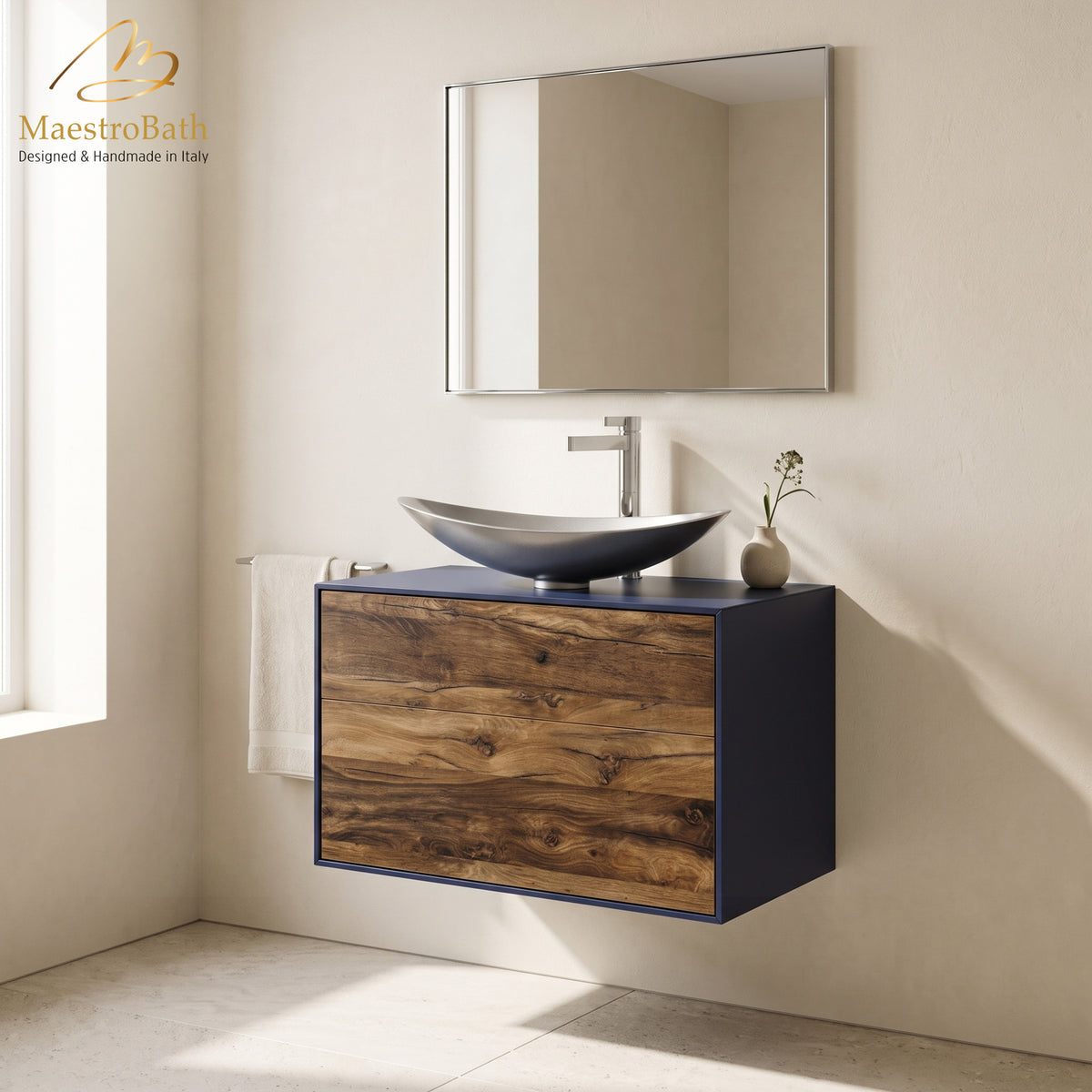 Wood bathroom vanity, shown in midnight blue and mocca, 32 inch wide, made of solid wood