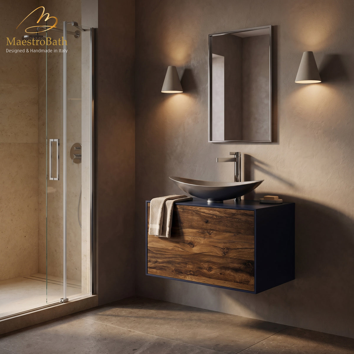 Wood bathroom vanity, shown in midnight blue and mocca, 32 inch wide, made of solid wood